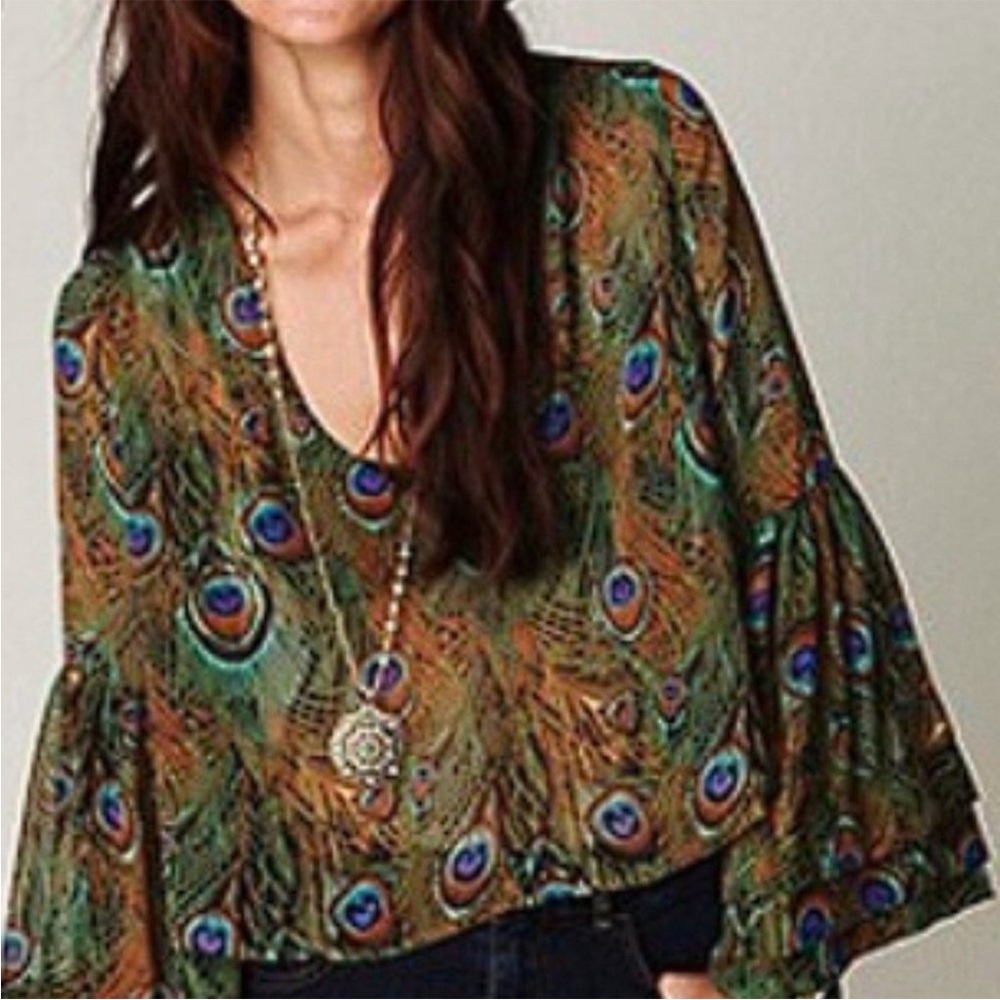 Show Me Your MuMu Green Peacock-Print Sheer Blouse